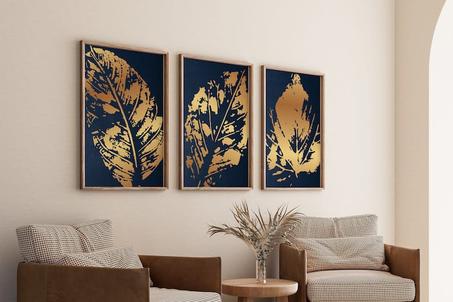 Tableau  bleu marine et or art botanique feuilles