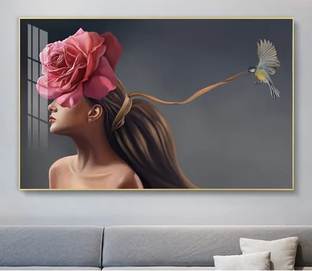 Tableau Femme fleur, fille Rose, femme nue aux cheveux longs avec rose sur son visage, oiseau, beauté, coiffure, oiseau, cosmétique, visage, femme, à base de plantes, coiffure