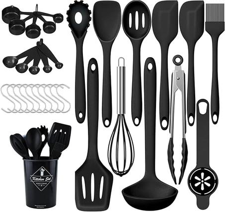 Juego de utensilios de cocina de silicona -446 °F resistentes al calor, utensilios de cocina con soporte, antiadherentes de grado alimenticio, juego de utensilios de cocina negros con espátul