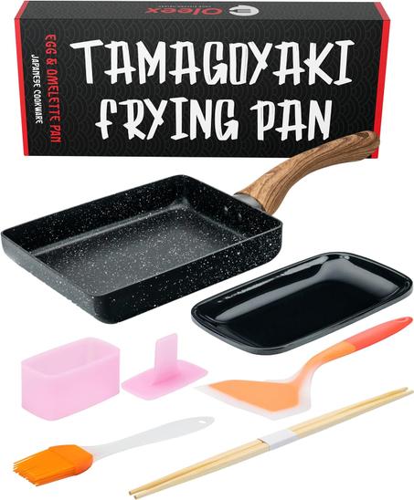 Oleex Tamagoyaki - Sartén japonesa para tortilla con herramientas de cocina como molde de Musubi, espátula y otros accesorios de tortilla, sartén cuadrada antiadherente multifuncional sin PFO