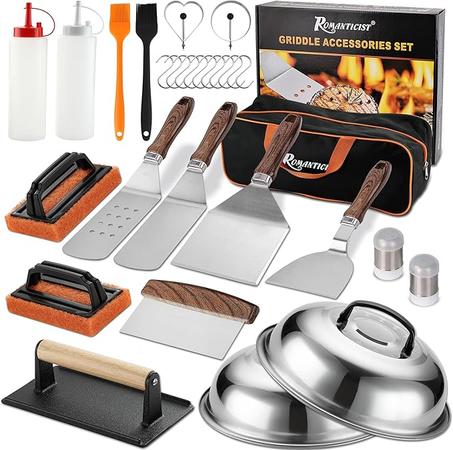 ROMANTICIST Juego de 29 accesorios para plancha – Juego de espátula de teppanyaki con parte superior plana con raspador, cubierta de hilvanado para chef de campamento, plancha de cocina en ca