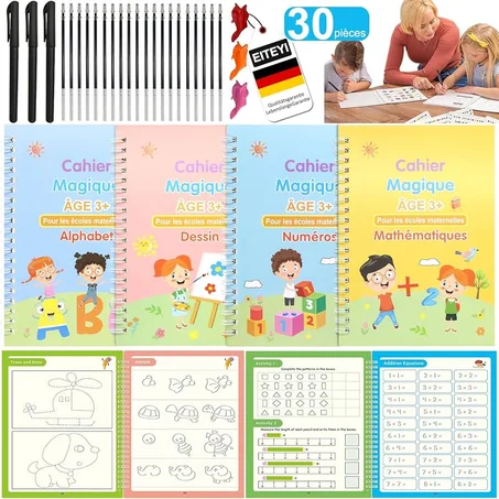 Pack de 4 Livres de pratique magique pour enfants, + stylo, lingette gratuite