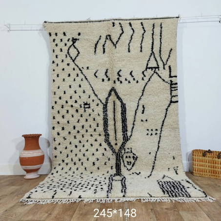 15 -Costum Moroccan Azilal Rug-Large Moroccan Woolen Carpet-New Azilal Rug-New Beni Ouarain Rug–White And Black Fine Berber Rug-FreeShipping -245/148
