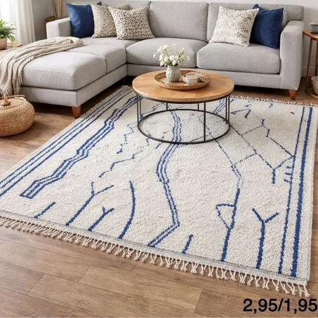 Handmade Beni Ourain Rug: White & Blue Wool Berber Rug 295/195