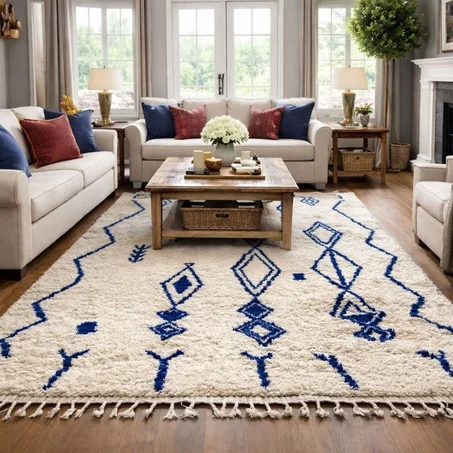 The Azilal carpet in white and blue gives a wonderful look to the house.