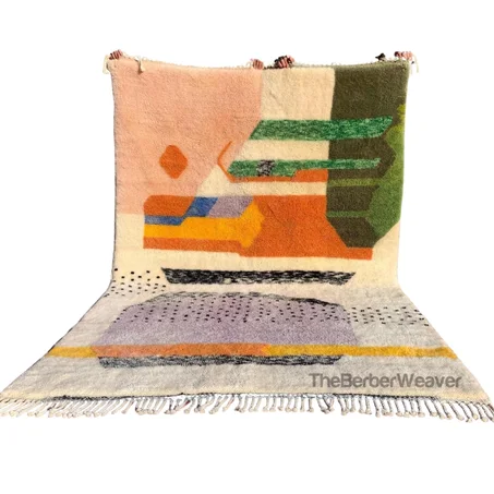 Custom Vibrant Moroccan Wool Rug, Handmade Abstract Beni Mrirt, Fluffy High Pile Carpet, Multicolor rug,
