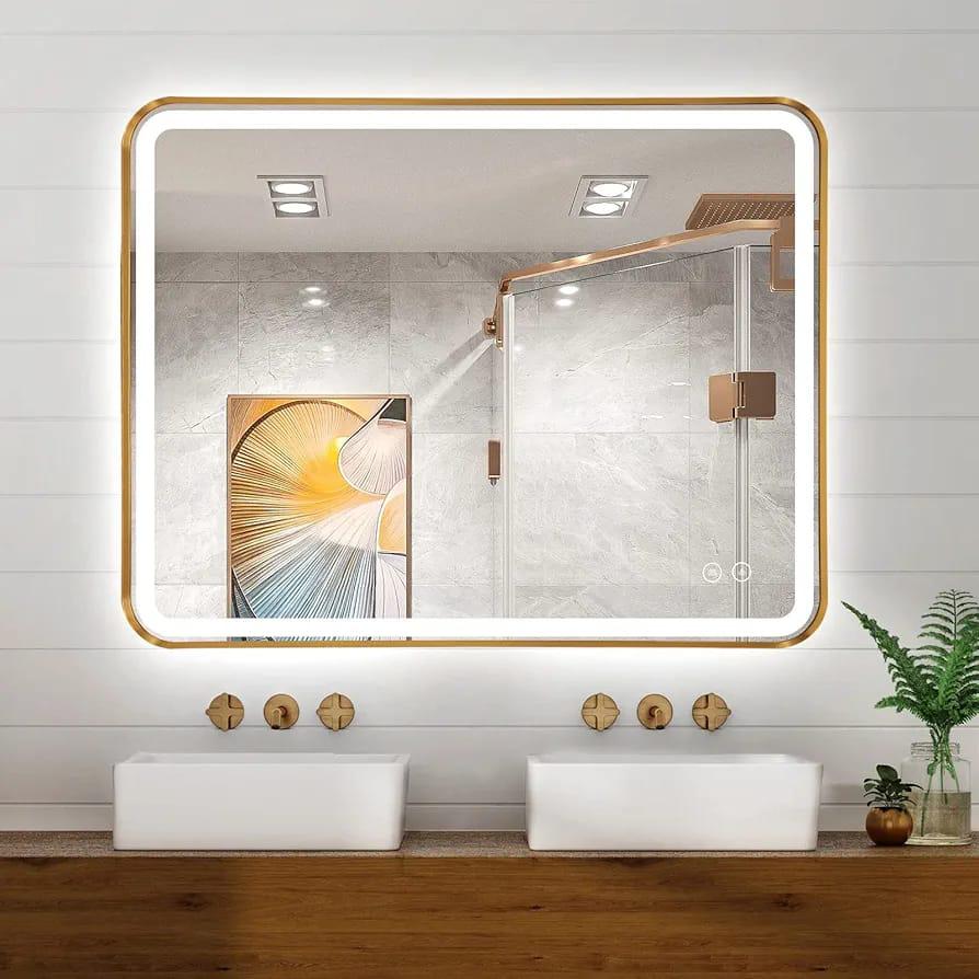 Miroir mural LED rectangulaire Dorée- LINEA 60x80