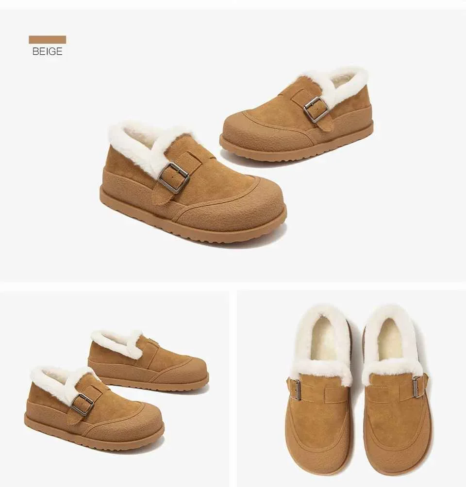 BEAUTODAY Winter Shoes Women Cow Suede Round Toe Buckle Design Warm Short Plush ladies Flat Shoes Handmade 22814