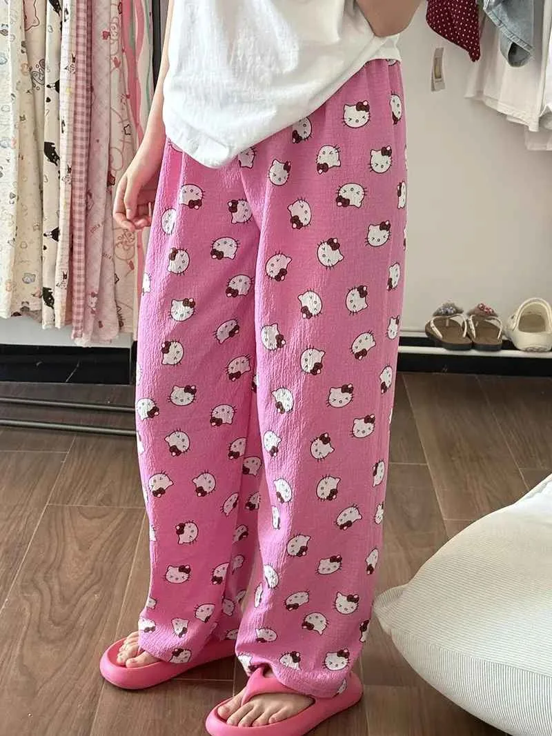Hello Kitty American Vintage Jeans Wide Leg Pants High Waisted Trousers Straight Pants Sanrio Sweet Embroidery Girl Fashion New