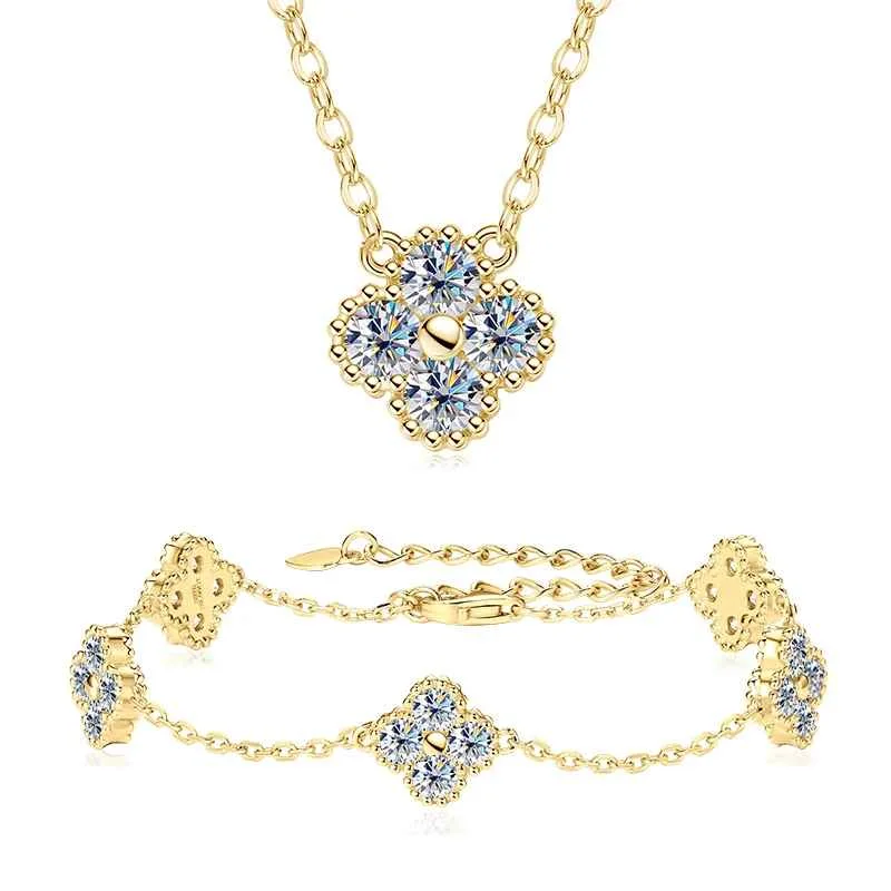 18k Gold Plated 925 Silver 3mm Moissanite Necklace Earrings Bracelet Sets 3 In 1 Clover Flower Charm Jewelry Set for Women Gift