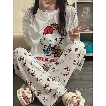 Anime Sanrio Hello Kitty Women Pajamas Set Cartoon Students Autumn Winter Polyester Long Sleeved Girls Nightwear Birthday Gifts