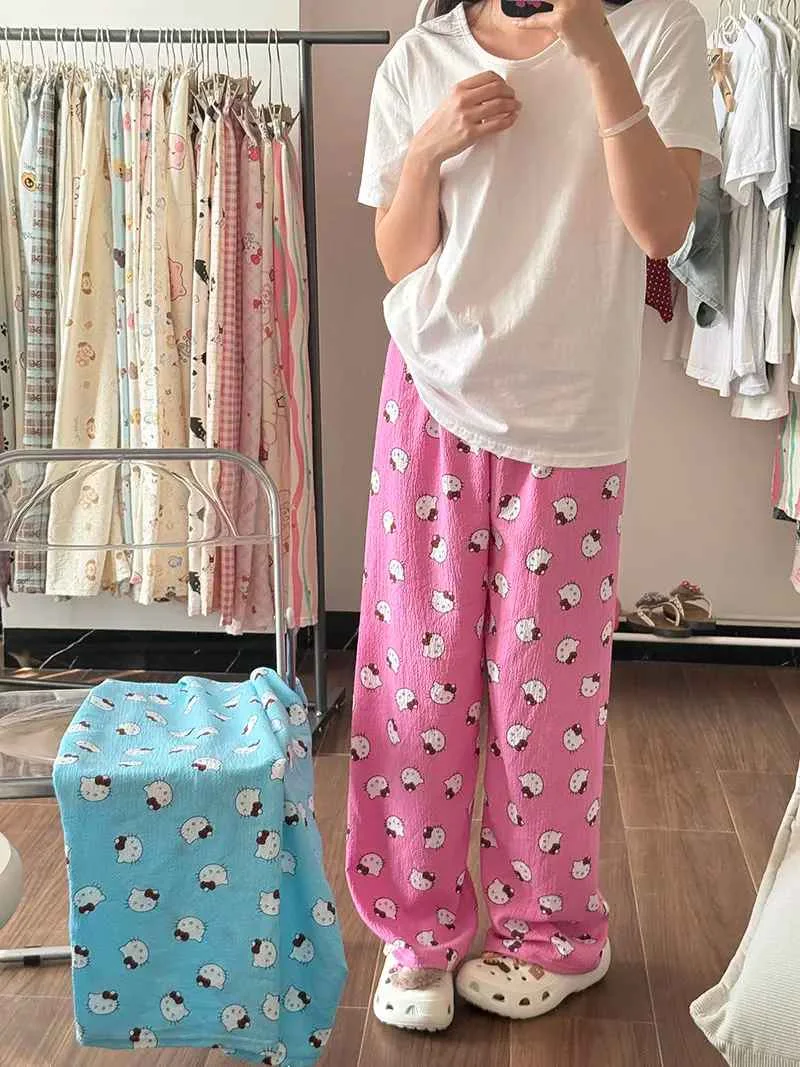Hello Kitty American Vintage Jeans Wide Leg Pants High Waisted Trousers Straight Pants Sanrio Sweet Embroidery Girl Fashion New