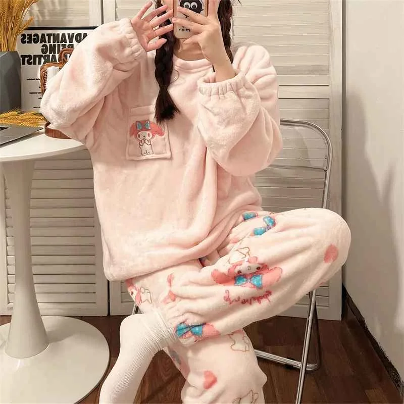 Sanrio Anime Hello Kitty Pajamas Kawaii My Melody Flannel Pullover Coral Velvet Winter Warm Pajamas Suit Homewear Girl Gifts Toy
