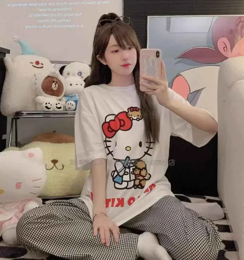 Sanrio Hello Kitty Round Neck Pajamas Women's Warm Thin Short Sleeved Pants T-shirt New Fashion Home Clothes T-shirt Large