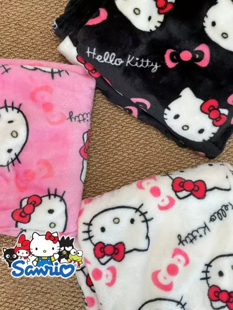 Autumn Winter Cartoon Hello Kitty Print Flannel Pajamas Pants For Women Y2K Anime Couple Sleepwear Trousers Casual Home Clothes