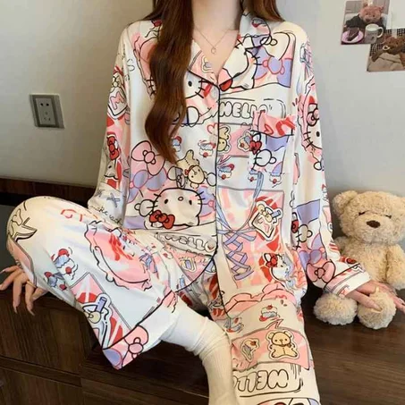 Women's Sweet Hello Kitty Print Pajama Set Autumn Winter Y2K Cute Two Piece Sleepwear Long Sleeve Top and Pants Loungewear