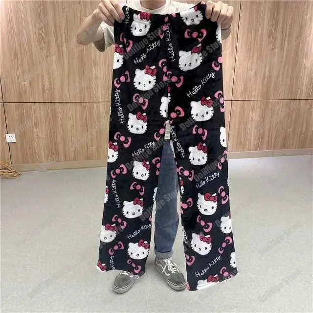 Autumn Winter Cartoon Hello Kitty Print Flannel Pajamas Pants For Women Y2K Anime Couple Sleepwear Trousers Casual Home Clothes
