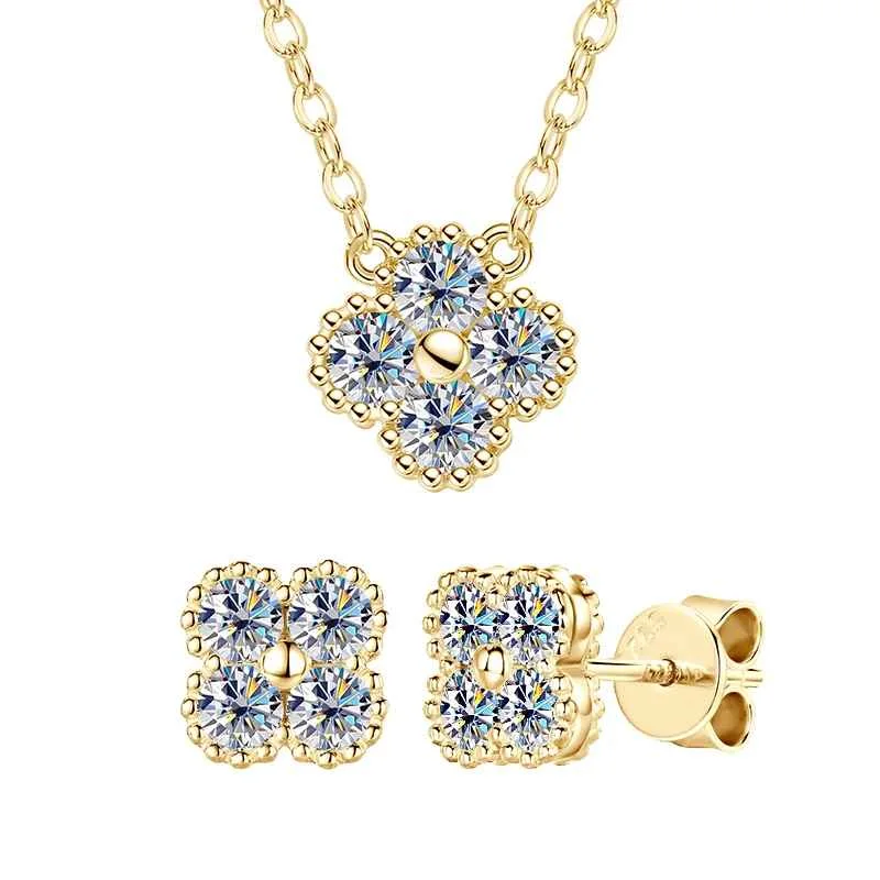 18k Gold Plated 925 Silver 3mm Moissanite Necklace Earrings Bracelet Sets 3 In 1 Clover Flower Charm Jewelry Set for Women Gift