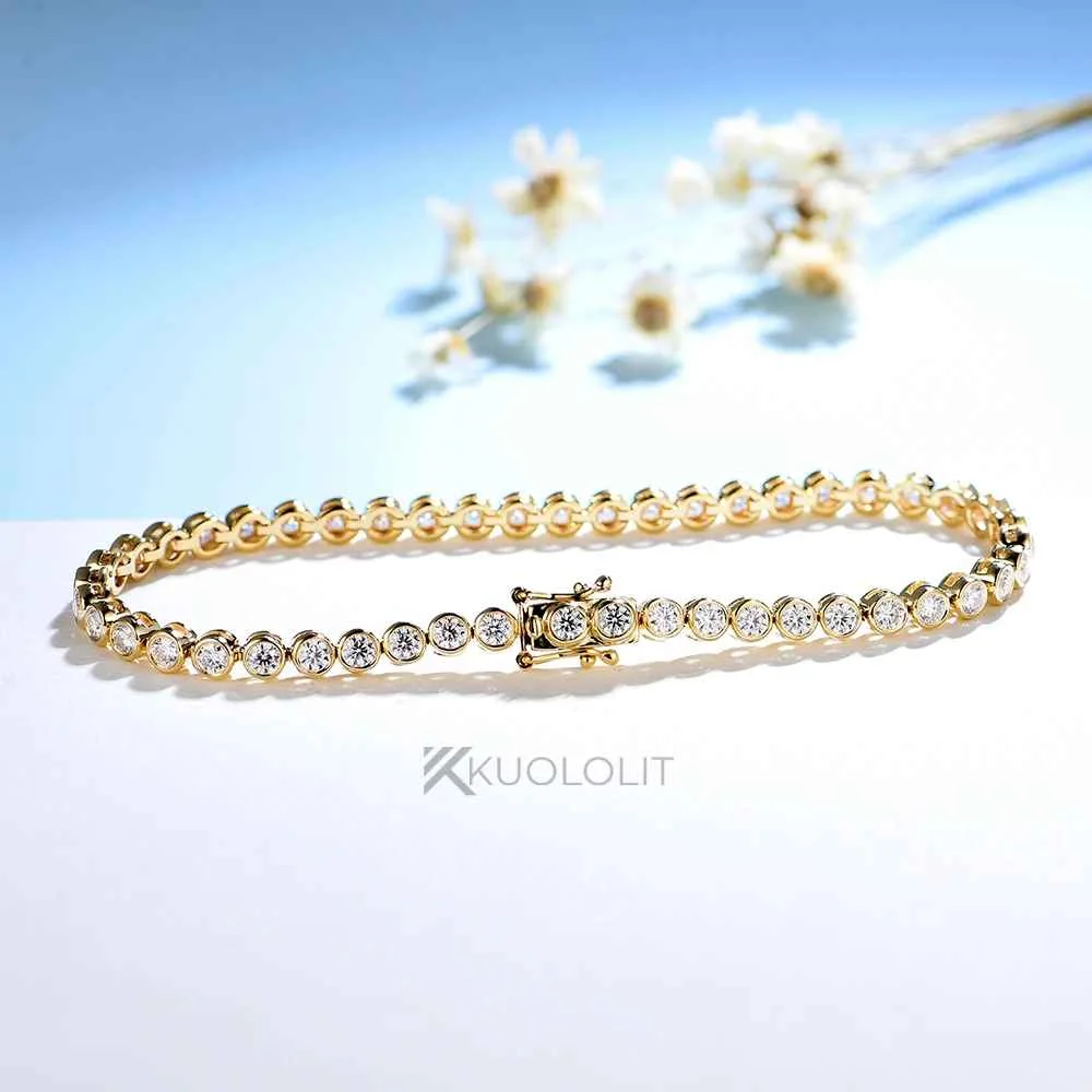 Kuololit Bezel Set Moissanite Tennis Bracelet for Women Solid 14K 10K 925silver Round D VVS1 Bracelet for Engagement Christmas