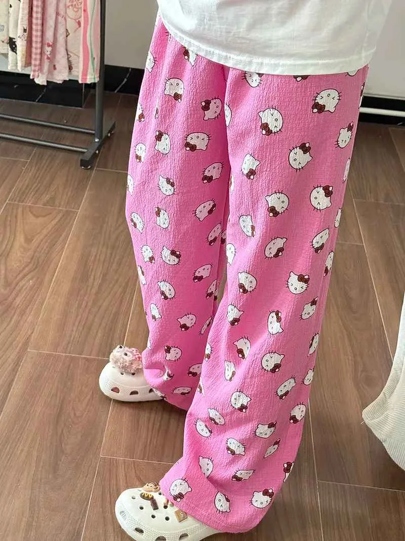 Hello Kitty American Vintage Jeans Wide Leg Pants High Waisted Trousers Straight Pants Sanrio Sweet Embroidery Girl Fashion New