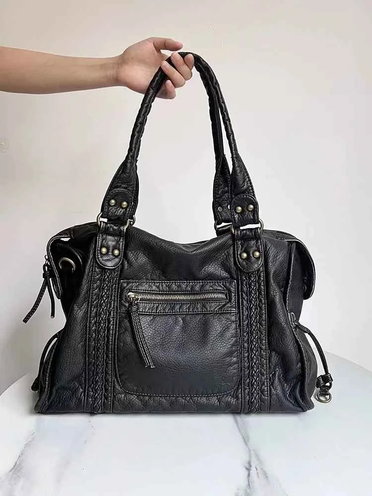 Vintage Washed PU Leather Large Capacity Tote Zip Pockets Braid Decor Shoulder Cross body Bag Women Daily Travel Handbag