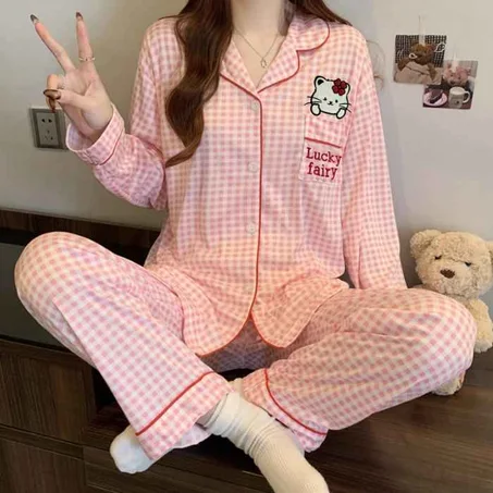 Autumn New Hello Kitty Embroidered Women' S Pajama Set Two- Piece Homewear Y2K Soft Casual Elegant Plaid Loungewear Winter