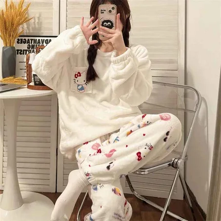Sanrio Anime Hello Kitty Pajamas Kawaii My Melody Flannel Pullover Coral Velvet Winter Warm Pajamas Suit Homewear Girl Gifts Toy