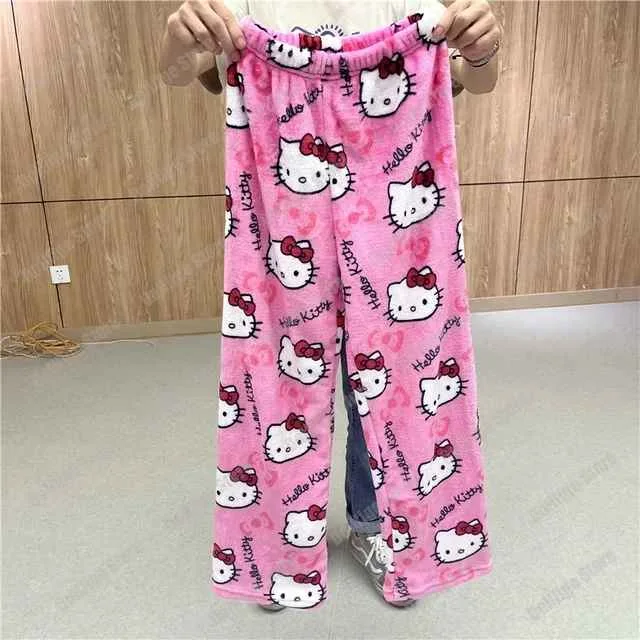 Autumn Winter Cartoon Hello Kitty Print Flannel Pajamas Pants For Women Y2K Anime Couple Sleepwear Trousers Casual Home Clothes