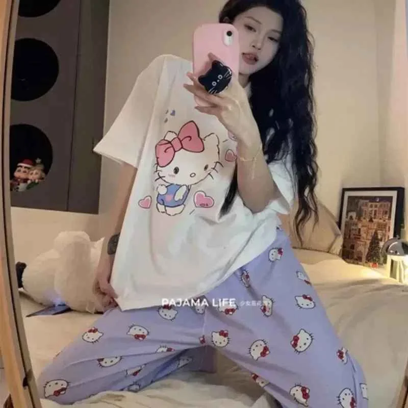 Sanrio Hello Kitty Round Neck Pajamas Women's Warm Thin Short Sleeved Pants T-shirt New Fashion Home Clothes T-shirt Large