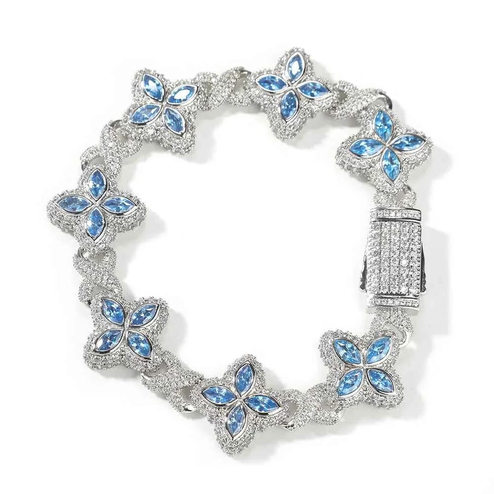 UWIN Iced Baby Blue Baguettecz Floral Infinity Bracelets for Women Men Cubic Zirconia Cuban Link Chain Anklets Fashion Jewelry