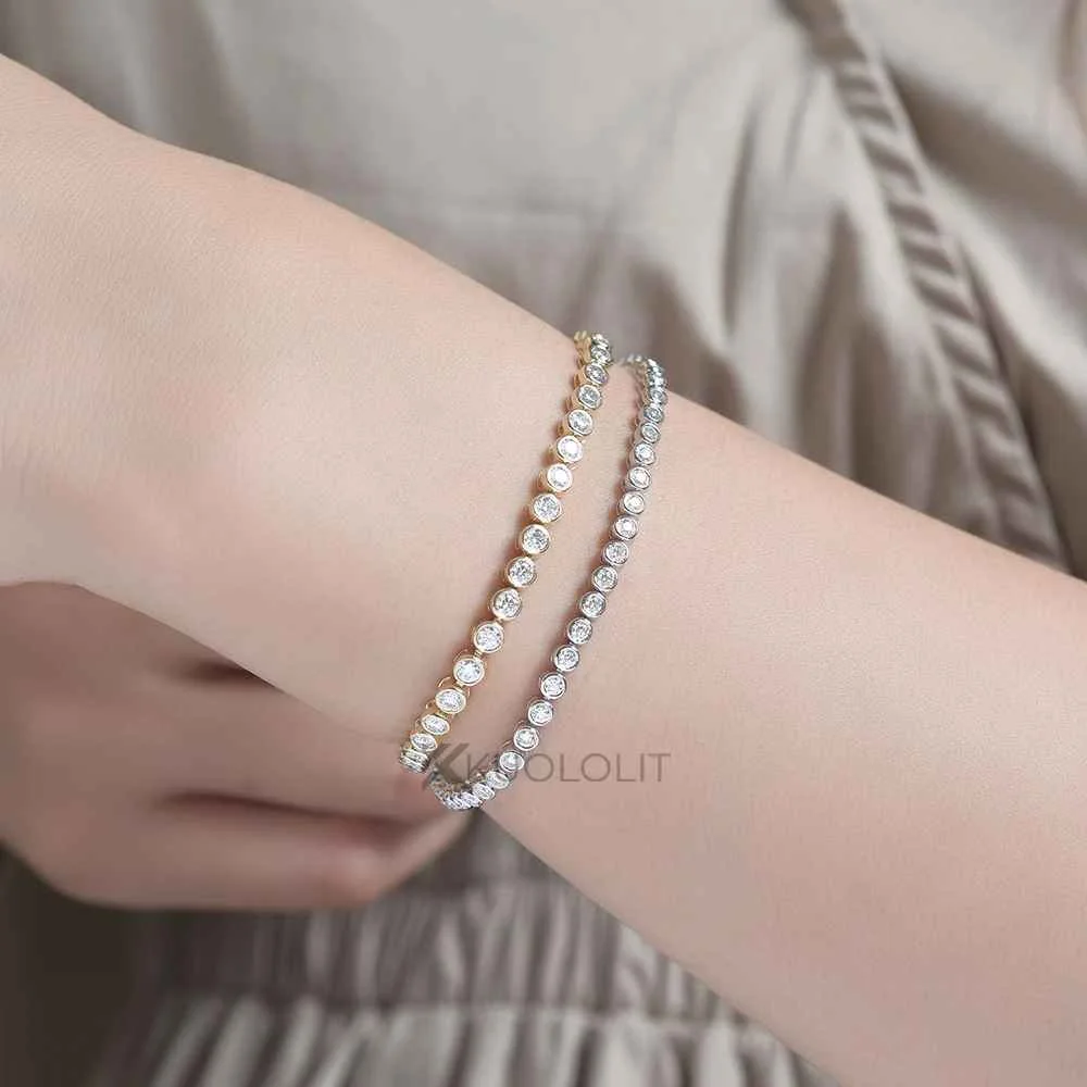 Kuololit Bezel Set Moissanite Tennis Bracelet for Women Solid 14K 10K 925silver Round D VVS1 Bracelet for Engagement Christmas
