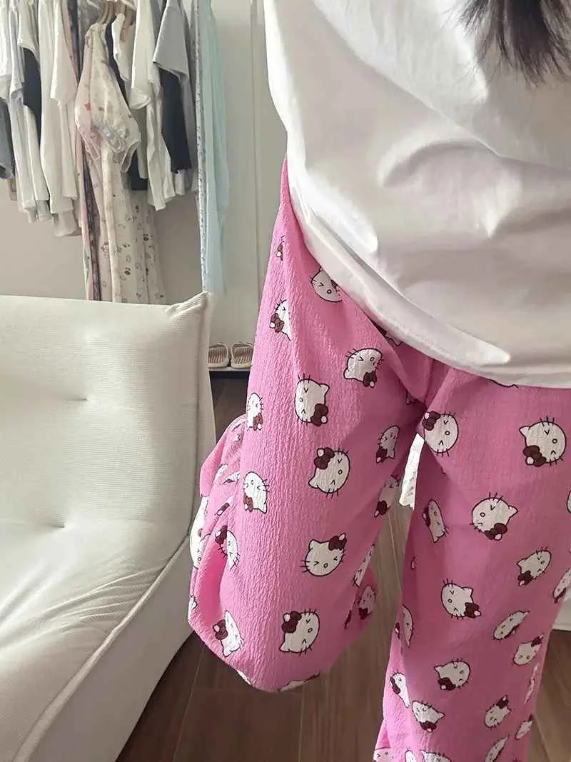 Hello Kitty American Vintage Jeans Wide Leg Pants High Waisted Trousers Straight Pants Sanrio Sweet Embroidery Girl Fashion New