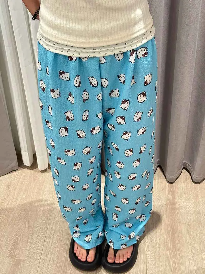 Hello Kitty American Vintage Jeans Wide Leg Pants High Waisted Trousers Straight Pants Sanrio Sweet Embroidery Girl Fashion New
