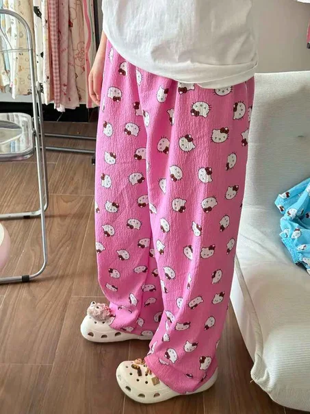 Hello Kitty American Vintage Jeans Wide Leg Pants High Waisted Trousers Straight Pants Sanrio Sweet Embroidery Girl Fashion New