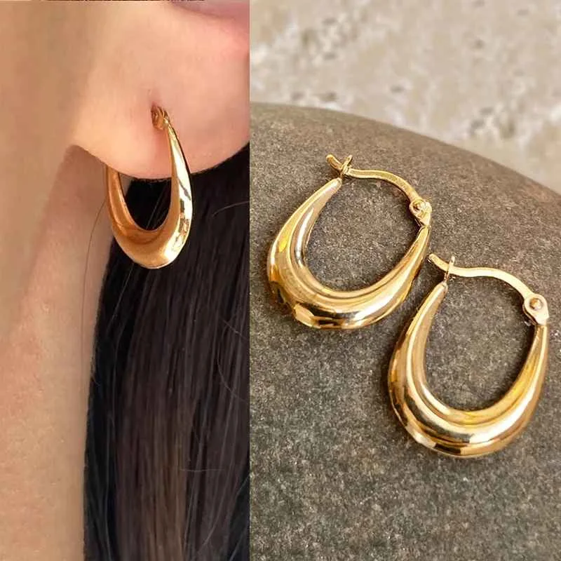 Huitan Geometric Metal Hoop Earrings for Women Gold Color/Silver Color Fashion Lady's Ear Earrings Daily Wear Versatile Jewelry