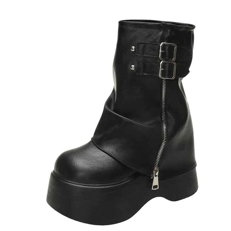 Soft Leather Ankle Mid Calf Boots Winter Autumn High Platform Wedge British Booties Woman New Ladies Chunky Motorcycle Boots 9CM