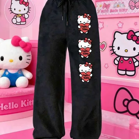 Autumn and Winter Ladies' Y2K Hello Kitty Printed Sportswear Pants - Straight-leg Pants, Pink Bow and Hello Kitty Face Pocket