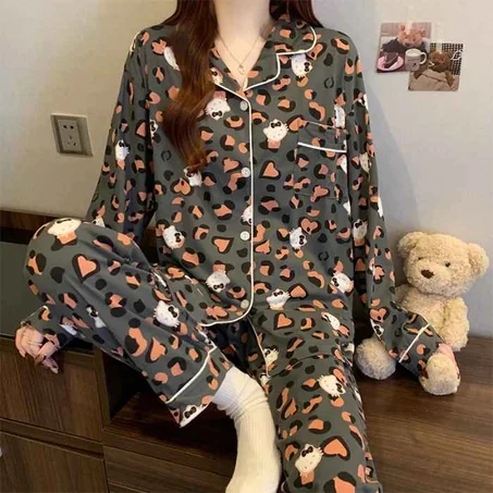 Leopard and Hello Kitty Elegant Women' s Pajama Set Autumn Winter 2 Piece Set Loungewear Lapel Cardigan Top and Pants Sleepwear