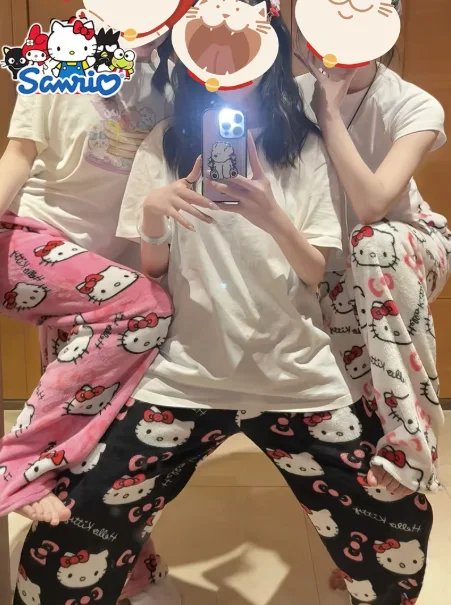Autumn Winter Cartoon Hello Kitty Print Flannel Pajamas Pants For Women Y2K Anime Couple Sleepwear Trousers Casual Home Clothes