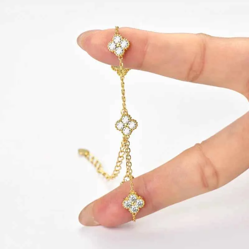 Anizw 2025 New 925 Silver Flower Clover Bracelet Moissanite 3mm for Women 18k Gold Plated Fine Jewelry Certified Lab Diamond D-E