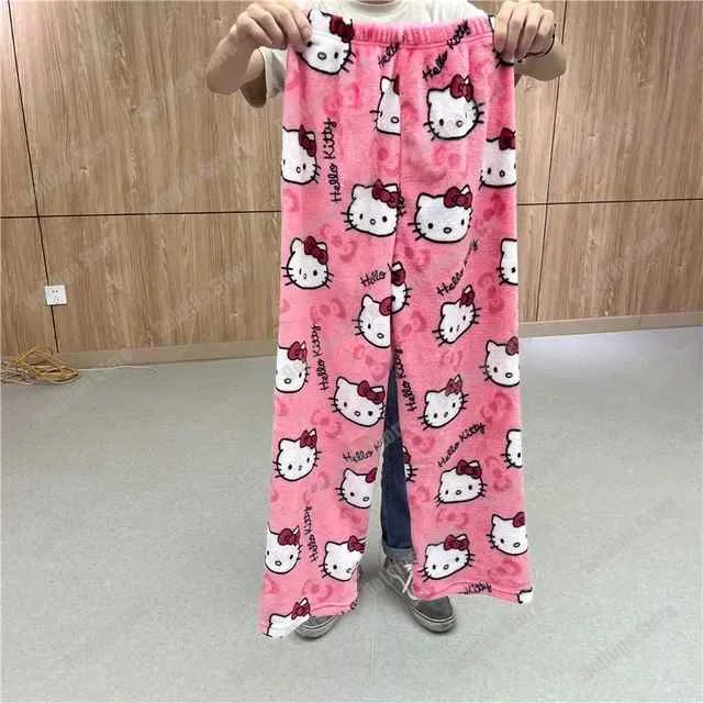Autumn Winter Cartoon Hello Kitty Print Flannel Pajamas Pants For Women Y2K Anime Couple Sleepwear Trousers Casual Home Clothes