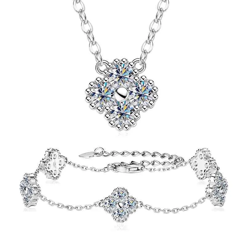 18k Gold Plated 925 Silver 3mm Moissanite Necklace Earrings Bracelet Sets 3 In 1 Clover Flower Charm Jewelry Set for Women Gift