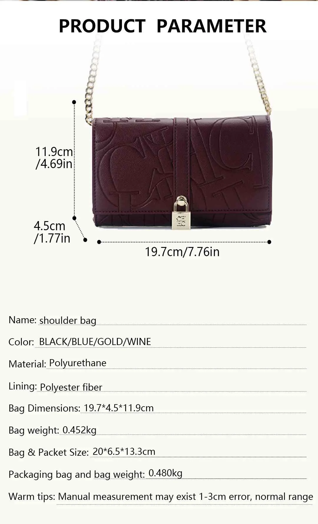 CH Autumn/Winter Fashion Shoulder Bag Solid Color Large Font Printed High Quality PU Material Explosive Women's Crossbody Bag