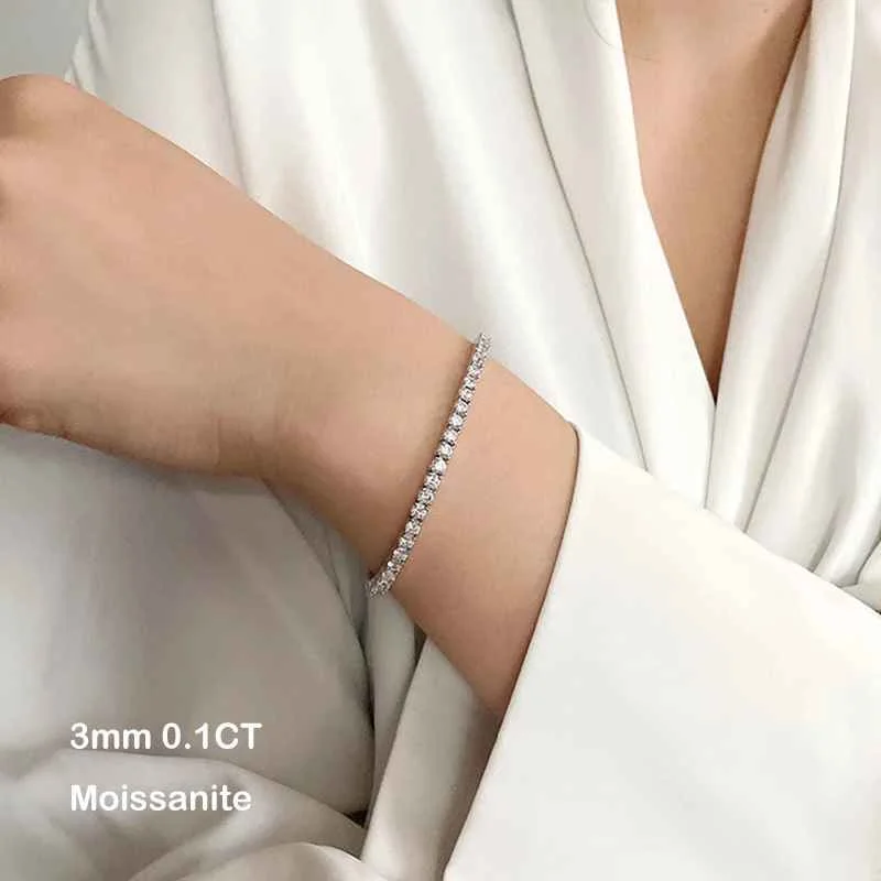 EWYA 925 Sterling Silver Moissanite Bracelet 0.1ct 3mm D VVS1 Diamond with GRA for Women Sparkling Wedding Party Fine Jewelry