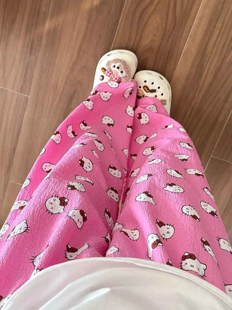 Hello Kitty American Vintage Jeans Wide Leg Pants High Waisted Trousers Straight Pants Sanrio Sweet Embroidery Girl Fashion New