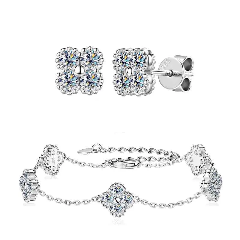 18k Gold Plated 925 Silver 3mm Moissanite Necklace Earrings Bracelet Sets 3 In 1 Clover Flower Charm Jewelry Set for Women Gift