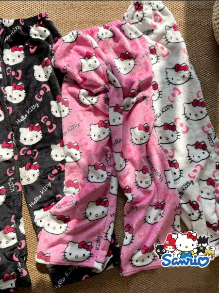 Autumn Winter Cartoon Hello Kitty Print Flannel Pajamas Pants For Women Y2K Anime Couple Sleepwear Trousers Casual Home Clothes