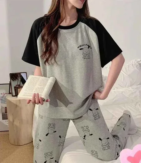 Sanrio Hello Kitty Round Neck Pajamas Women's Warm Thin Short Sleeved Pants T-shirt New Fashion Home Clothes T-shirt Large