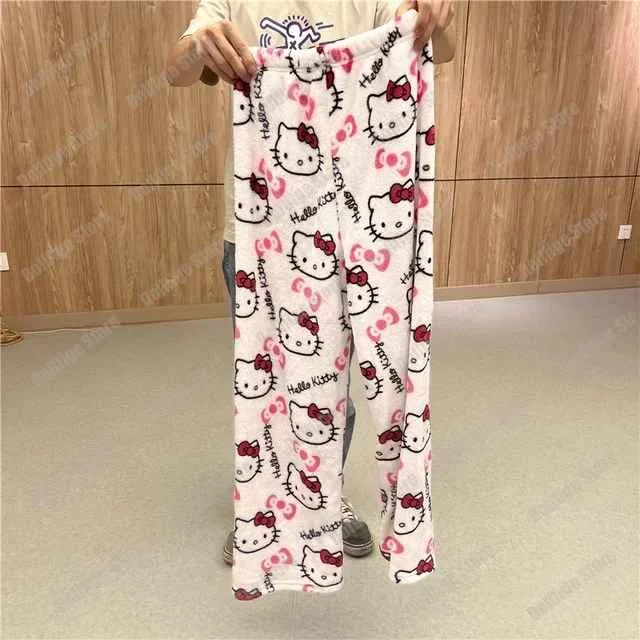 Autumn Winter Cartoon Hello Kitty Print Flannel Pajamas Pants For Women Y2K Anime Couple Sleepwear Trousers Casual Home Clothes