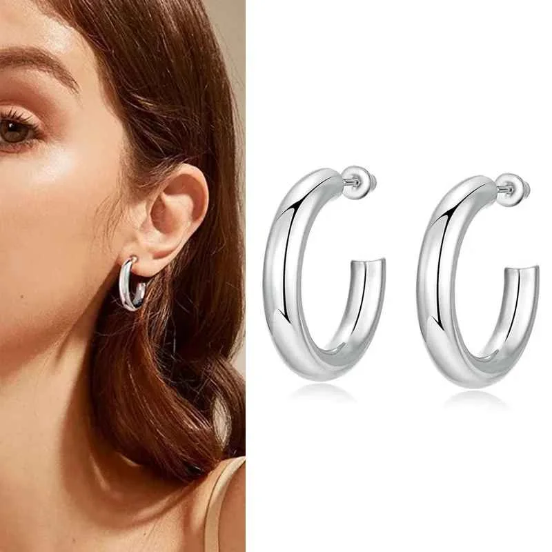 Huitan Geometric Metal Hoop Earrings for Women Gold Color/Silver Color Fashion Lady's Ear Earrings Daily Wear Versatile Jewelry